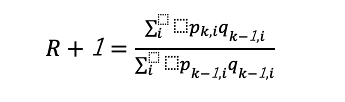 数式R+1=(∑_i p_(k,i) q_(k-1,i))/(∑_i p_(k-1,i) q_(k-1,i) )